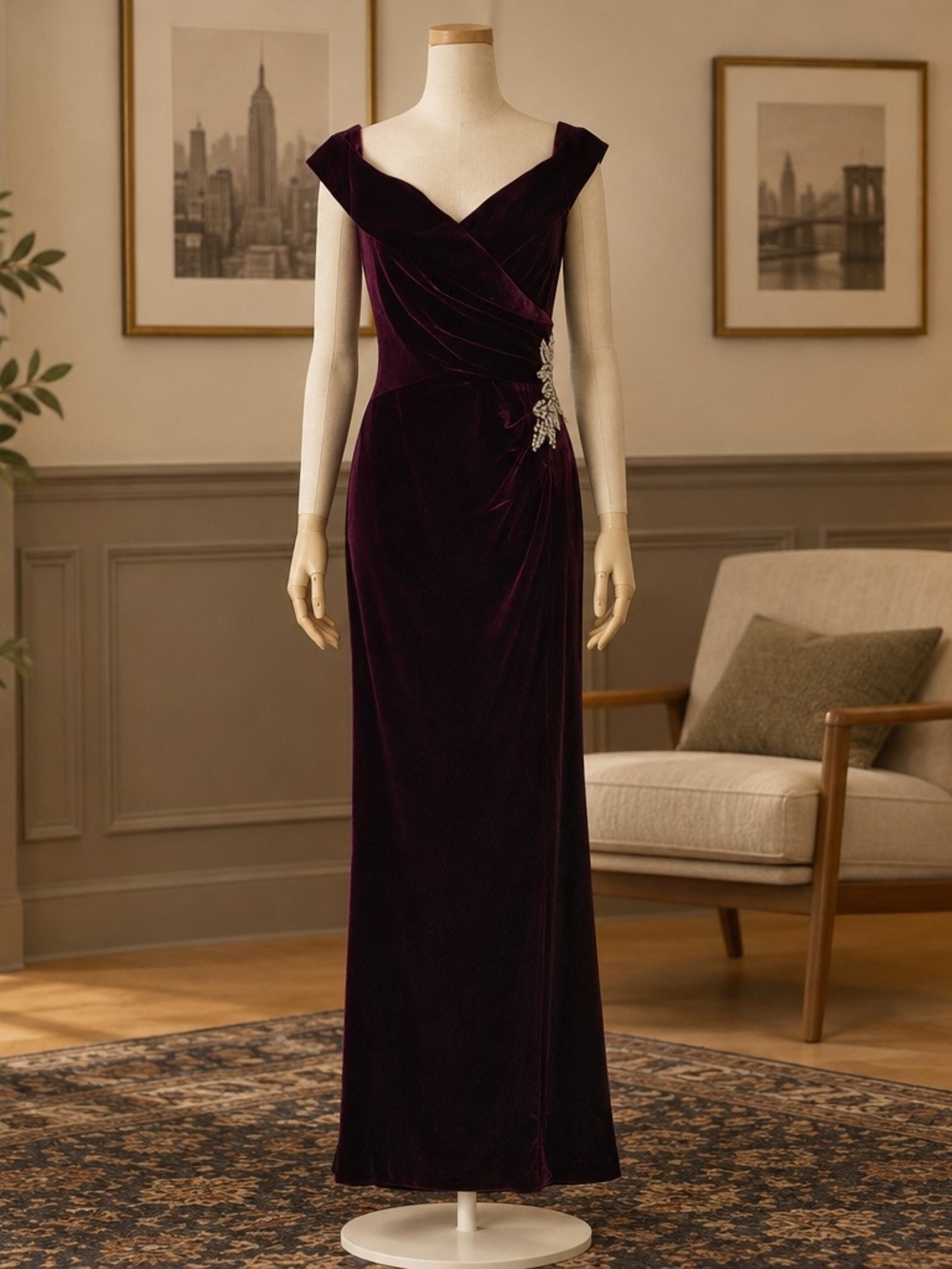 Alex Evenings Velvet Off-Shoulder Gown in Wine
